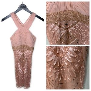 Sue Wong Pink Beaded Crossed Halter Dress